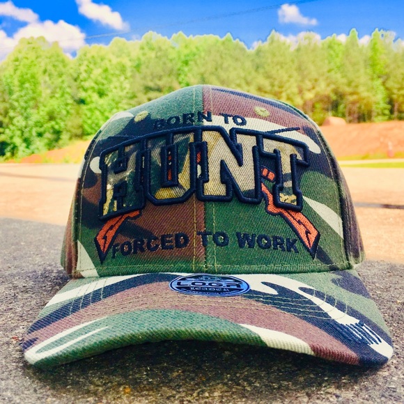Embroidered Camo Born To Hunt Forced To Work cap. - Picture 2 of 3